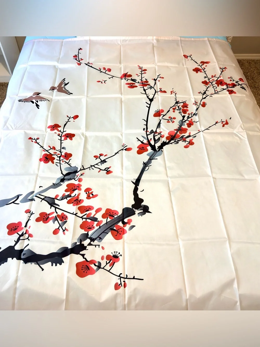 Red Black Bird Blossom Shower Curtain Japenese Inspired